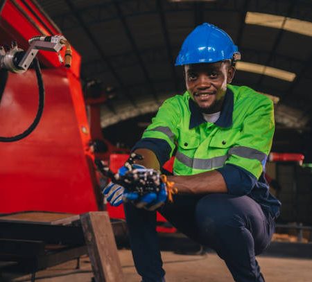 Young engineer works diligently in advanced robot welding factory in modern technology world.